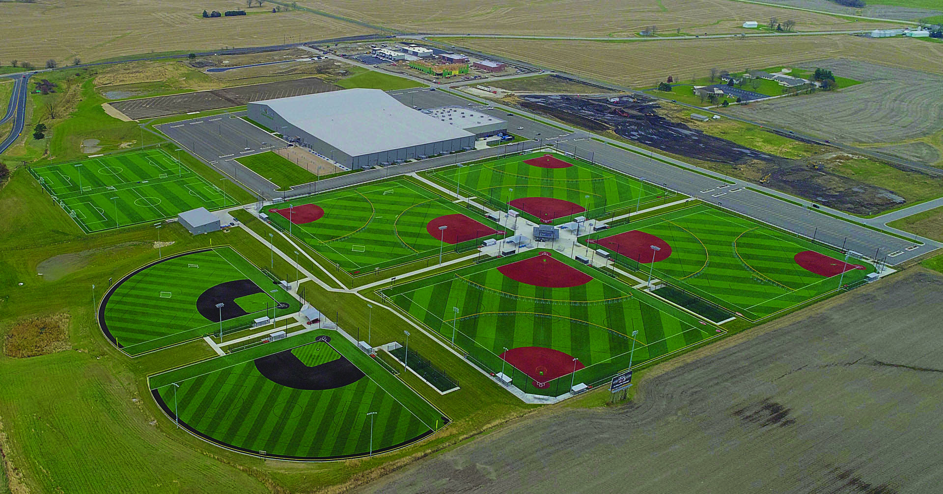 Aerial view of baseball fields.
