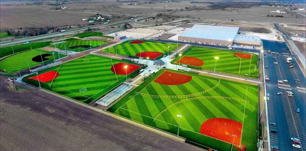 Aerial view of baseball fields.